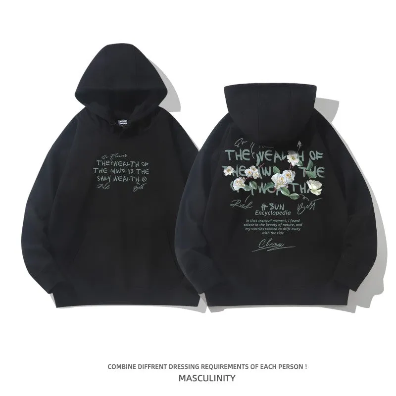 Floral print sweatshirt for men, spring and autumn unisex black hoodie