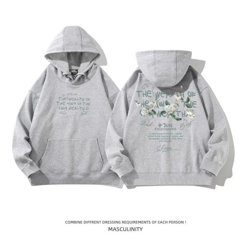 Floral print sweatshirt for men, spring and autumn unisex black hoodie