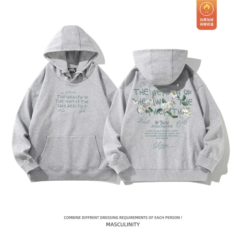 Floral print sweatshirt for men, spring and autumn unisex black hoodie